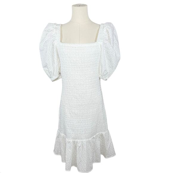 NWOT Rachel Parcell Cotton White Puff Sleeve Smocked Mini Dress | Ruffle Hem | L - Picture 12 of 12